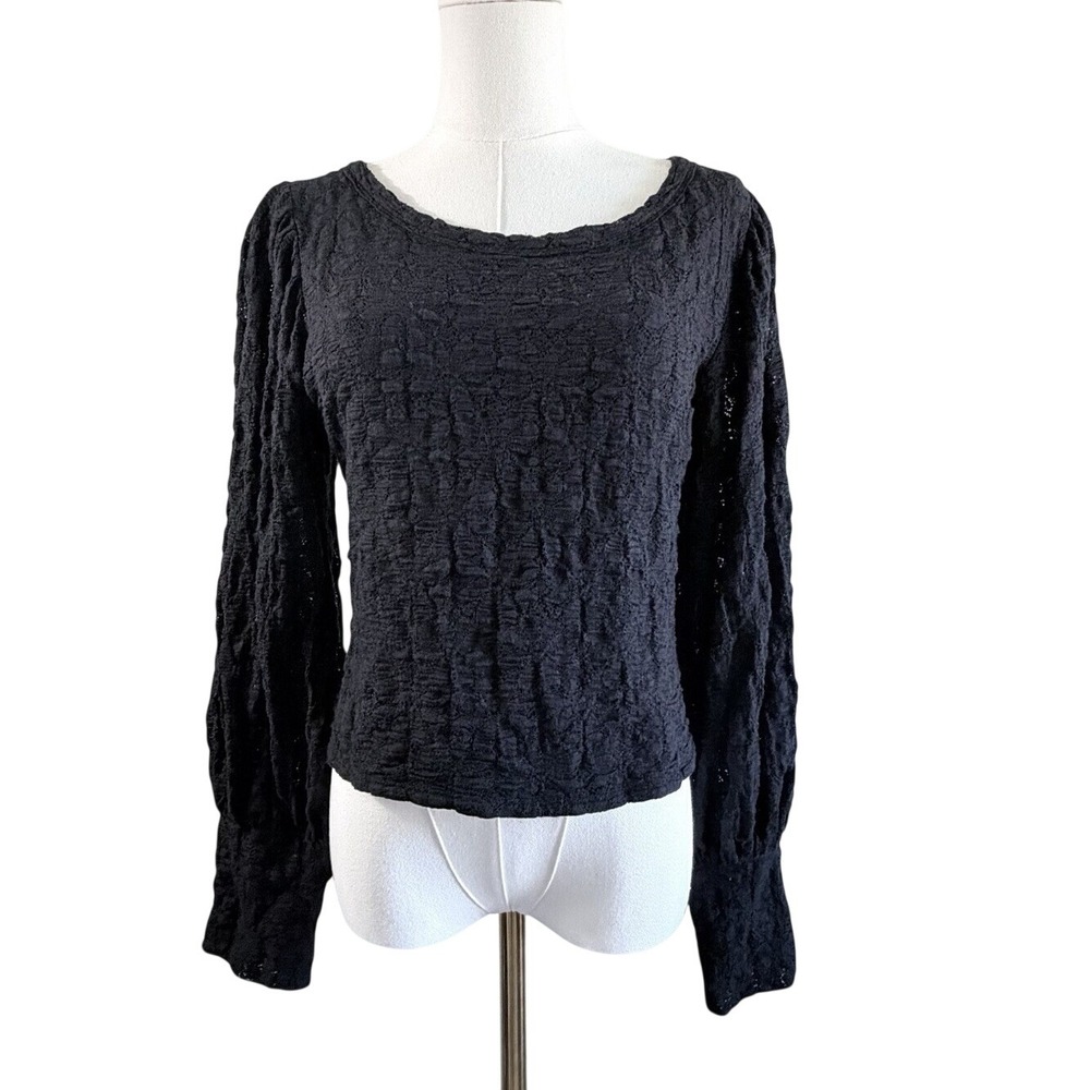 Free People Black Textured Puff Sleeve Open Back Top XL Boho Crinkle Blouse